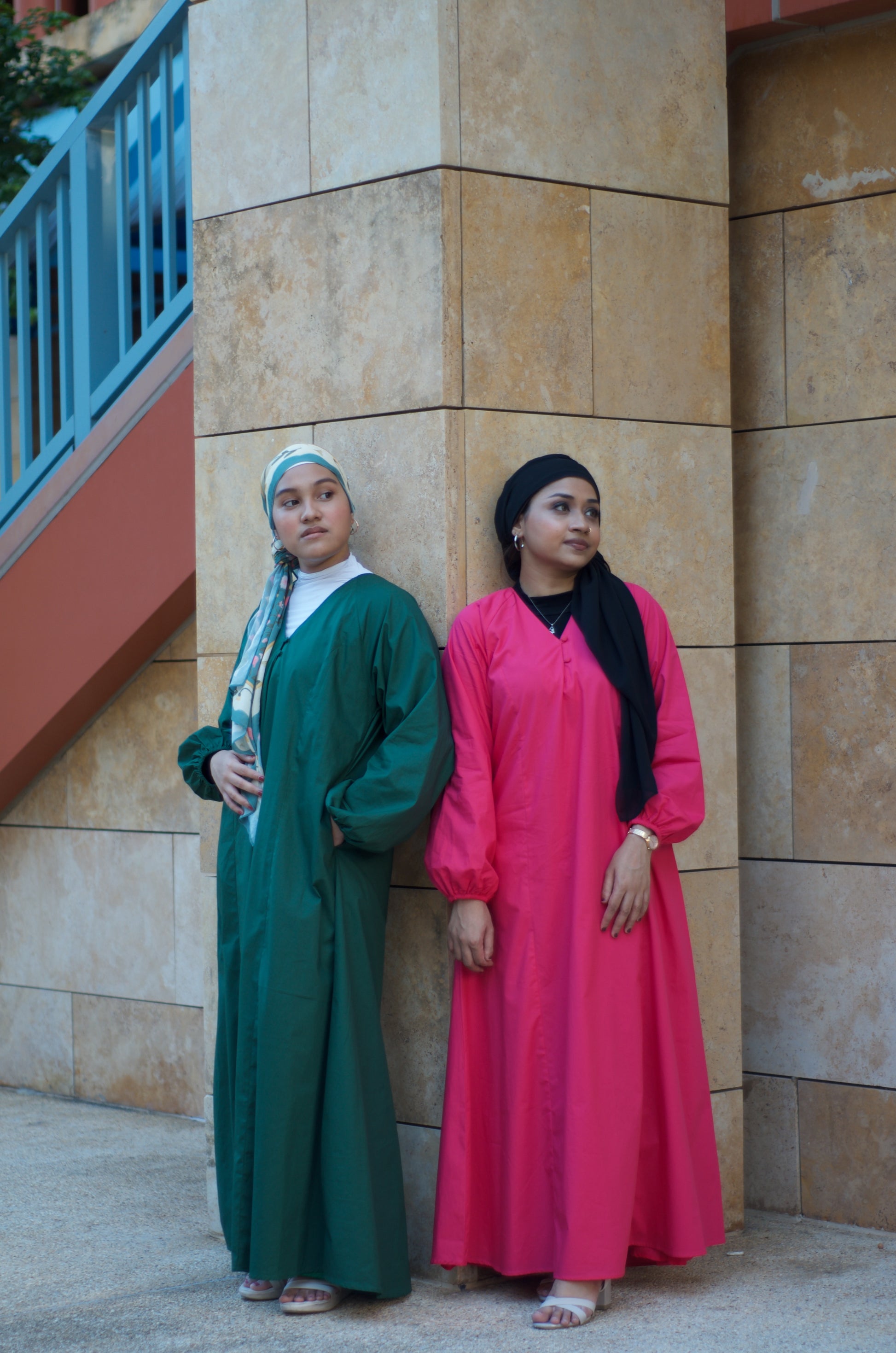 Modest maxi dresses in forest green and fuchsia
