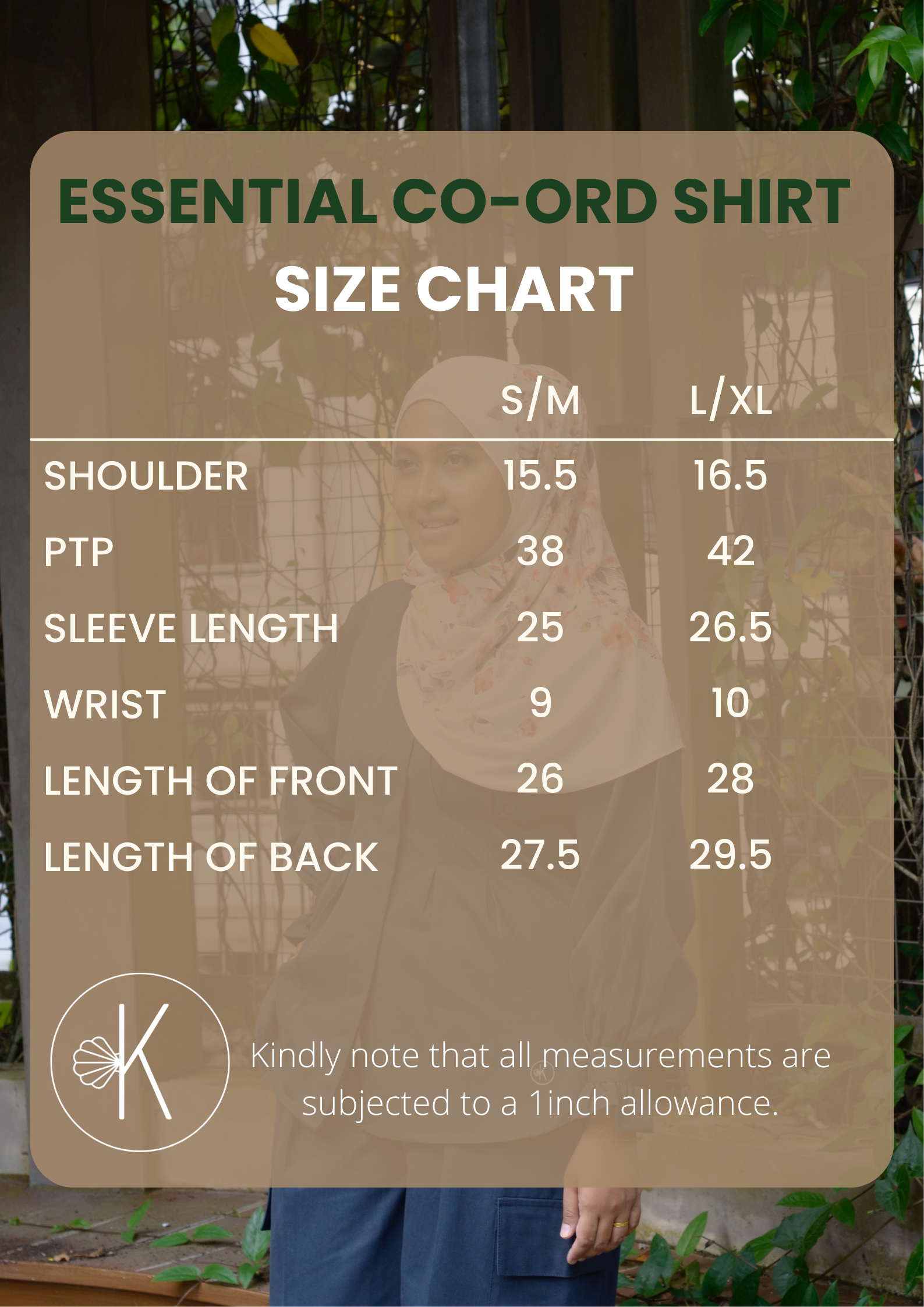 Size chart for an essential coord shirt with measurements and a person wearing the shirt.