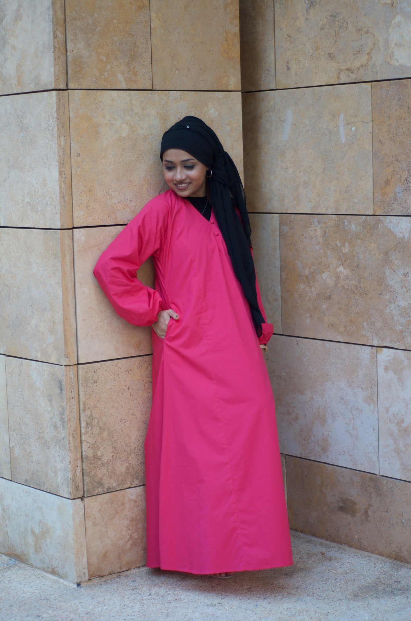 A fuchsia maxi dress with A-line cut